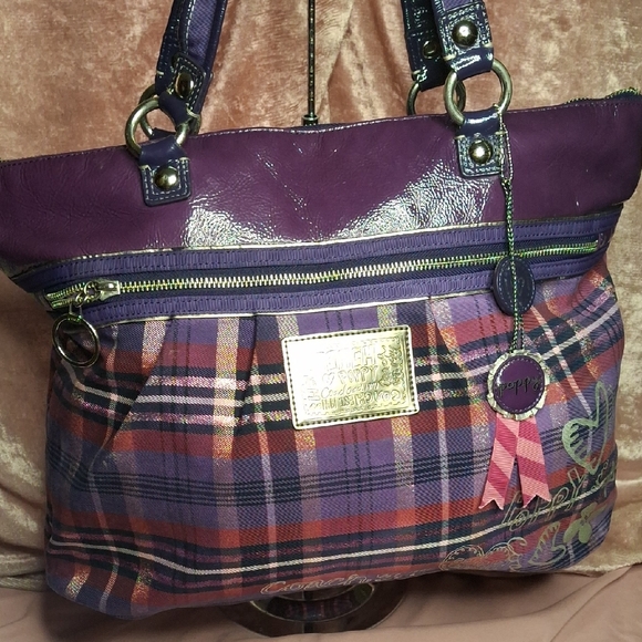 EUC COACH POPPY PURPLE PLAID LG Bag - Picture 1 of 9